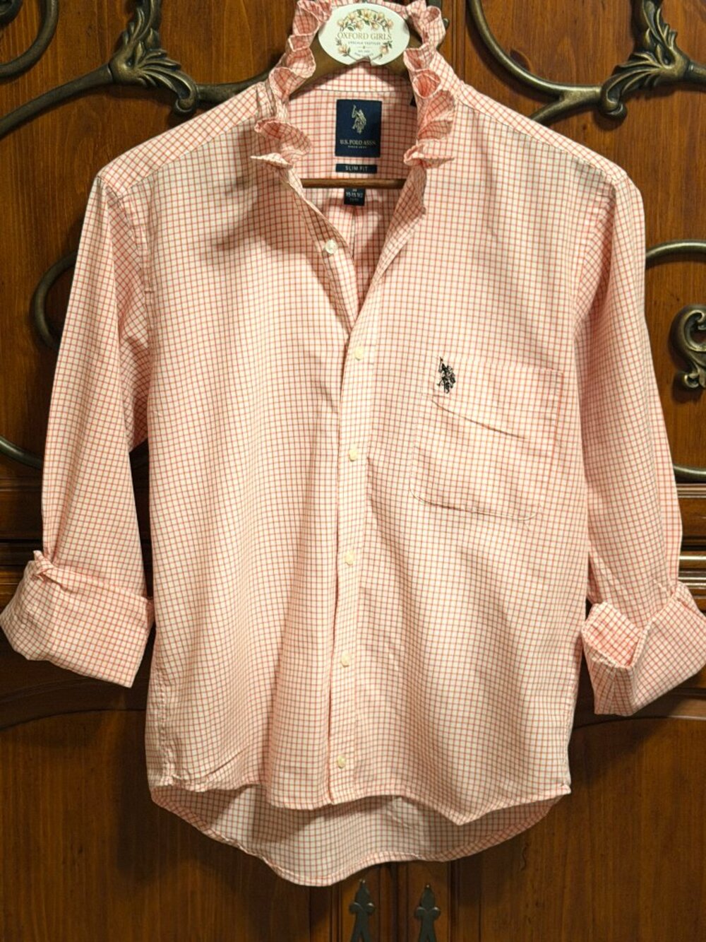 🌸 Upcycled Orange Check Ruffle Collar Oxford Blouse | Women’s Size Medium 🌸